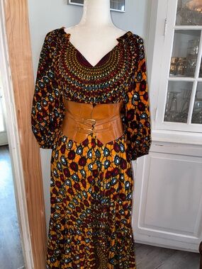 $255 New Shikoku Betty Bohemian Print Maxi Dress with Belt, large, Tribal